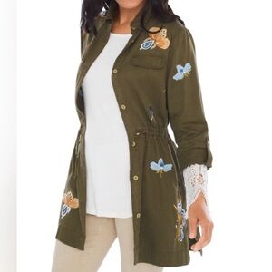 Chico's Army Green With Flowers Embroidered Anorak Jacket, Topper, Tunic Length